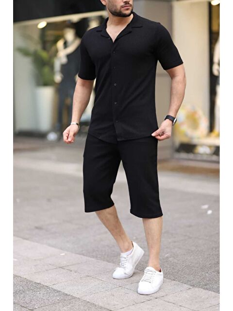 Trendseninle Siyah Waffle Kumaş Kapri Şort Gömlek Erkek Kısa Kollu Takım - S000359968-19351