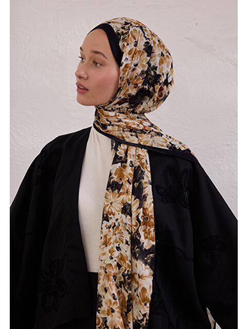 Fresh Scarfs Cherry Blossom Desen Rami Şal Siyah