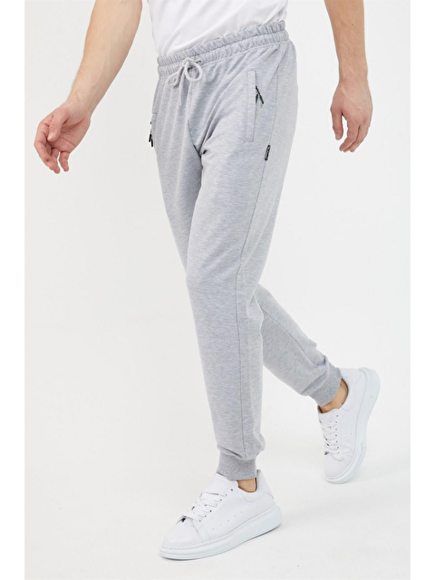 Mmetalic Gri  Paça Ribanalı Cep Fermuar Detaylı Erkek Büyük Beden Jogger Eşofman Altı - S000288960-20600