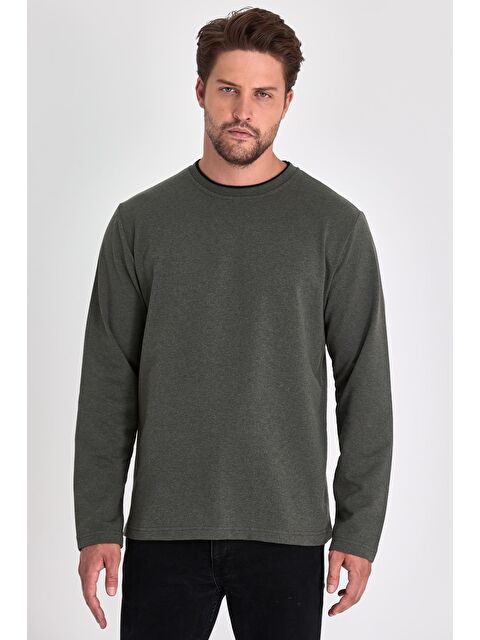 Mmetalic Erkek Haki Çift Bisiklet Yaka Standart Rahat Kesim Büyük Beden Sweatshirt - S000286926-18547