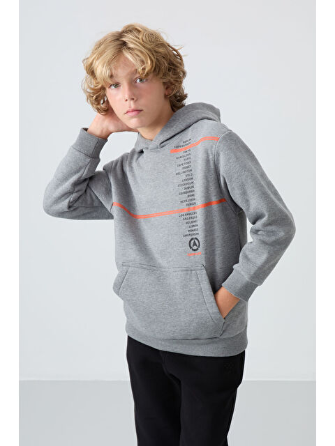 Tommylife Gri Melanj Pamuklu Kalın İçi Tüylü Yumuşak Dokulu Standart Fit Baskılı Erkek Çocuk Sweatshirt - 112 - S000330253-74