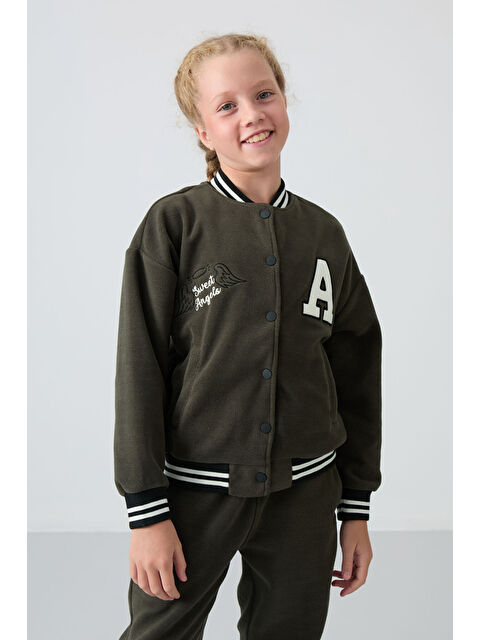 Tommylife Haki Kalın Yumuşak Dokulu Standart Fit Nakışlı Polar Kız Çocuk Kolej Ceket - 75156 - S000330287-18547