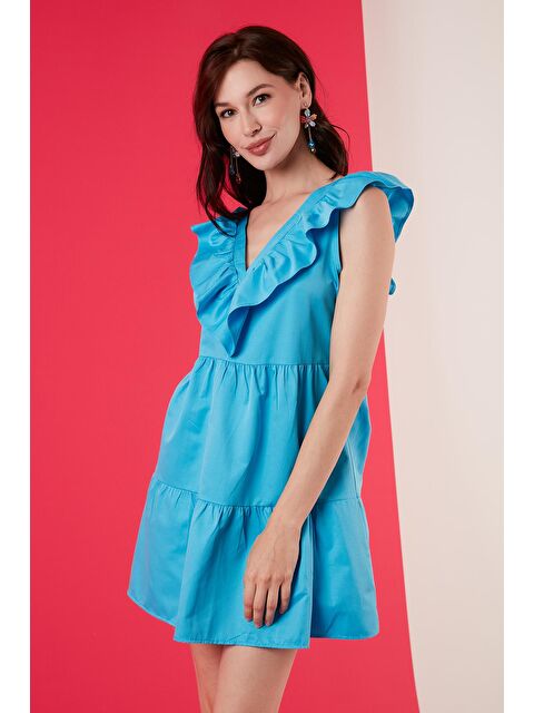 Lela Pamuklu Rahat Kalıp Sırt Detaylı Volanlı V Yaka Mini Elbise 42190246 - S000001300-20055