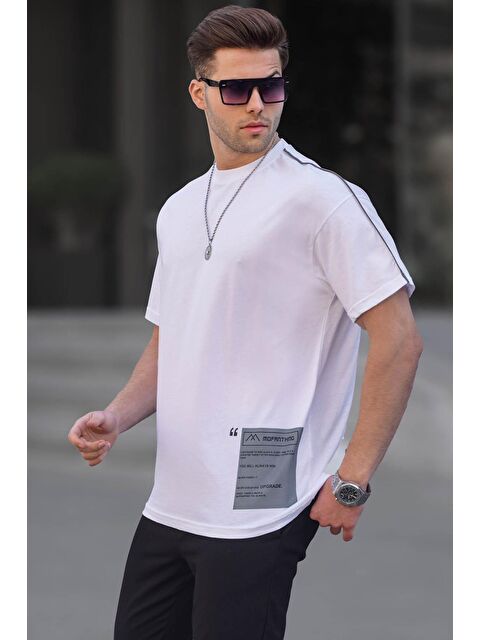 Madmext Beyaz Baskılı Over Fit Erkek %100 Pamuk Tişört 6111 - S000015945-20063