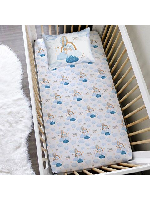 Evmila Ve Uçan Balon Desen Baskılı Bebek Boy Lastikli Çarşaf Seti Mavi  60x120 cm - S000070577-23173