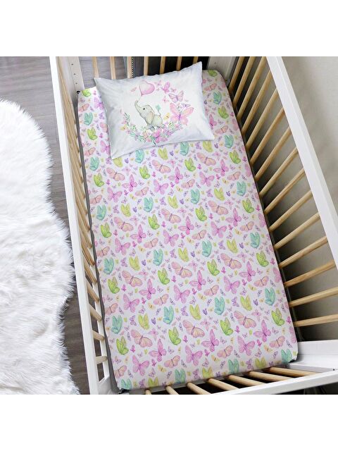 Evmila Kelebek Desen Baskılı Bebek Boy Lastikli Çarşaf Seti Renkli  60x120 cm - S000070578-23173