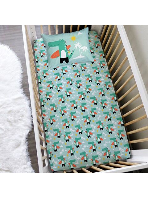 Evmila Timsah Desen Baskılı Bebek Boy Lastikli Çarşaf Seti Yeşil  60x120 cm - S000070586-23173