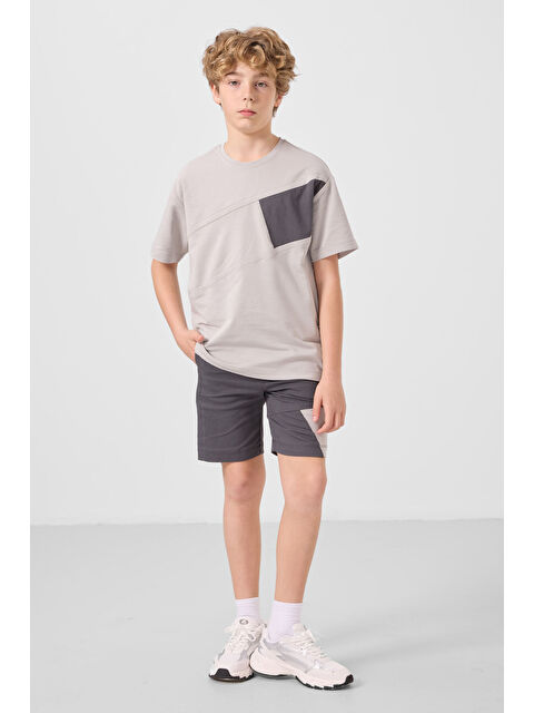 Tommylife Taş-Antrasit Pamuklu Oversize Fit Dokuma Hafif Esnek Chino Erkek Çocuk Şort Takım - 11275 - S000387201-25636