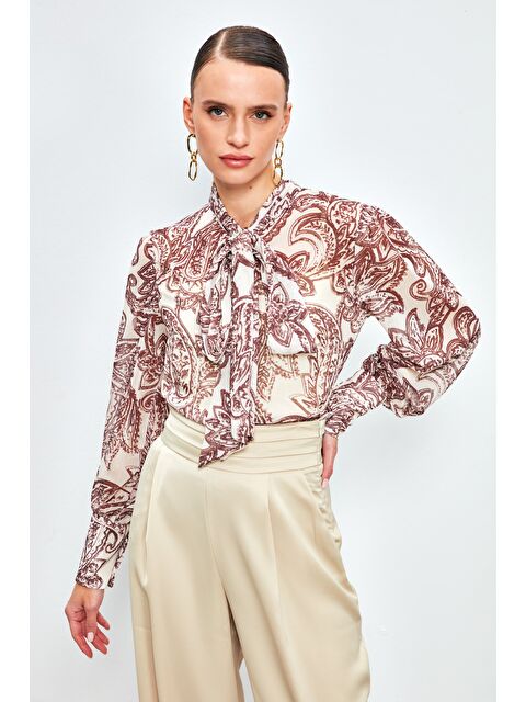 SATEEN Yaka Fularlı Desenli Gömlek - Kahve - S000323539-19413