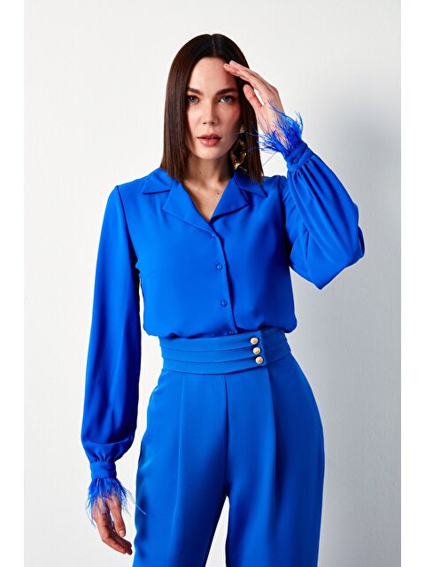 SATEEN Tüy Detaylı Salaş Gömlek - Sax Mavi - S000323494-23710