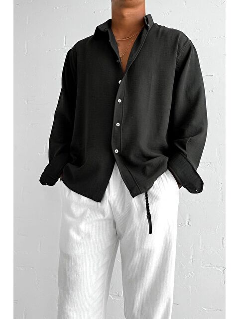 Abluka Online Erkek Oversize Basic Rahat Gömlek Siyah - S000240385-19351