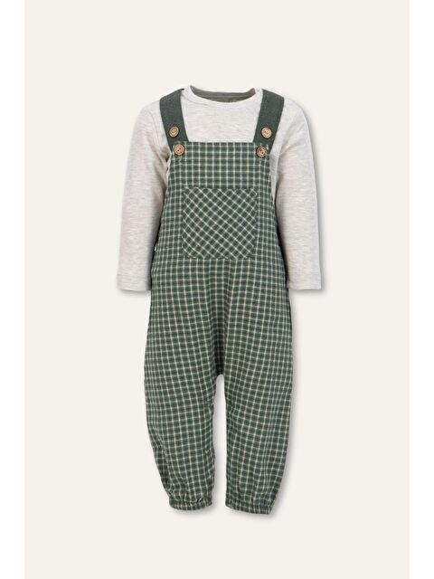 MİNİNİO Erkek Bebek Ekose Desen Salopet Ve T-Shirt Takım - Haki - S000439590-18547