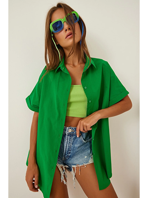 Hazelin Kadın Koyu Yeşil Oversize Uzun Kısa Kollu Basic Poplin Gömlek HZL22S-BD1201201 - S000032478-19416