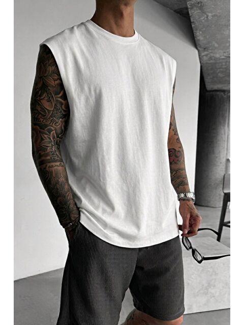 Abluka Online Erkek Oversize Kolsuz Basic Sporcu Atlet Beyaz