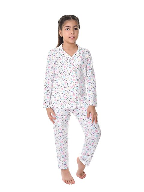 Little Frog Kids Pamuklu Uzun Kollu Düğmeli Gömlek Yaka Desenli Düz Paça Kız Çocuk Pijama Takım - S000130237-19965