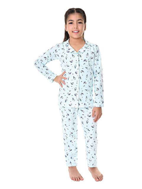 Little Frog Kids Pamuklu Uzun Kollu Düğmeli Gömlek Yaka Desenli Düz Paça Kız Çocuk Pijama Takım - S000130237-29460