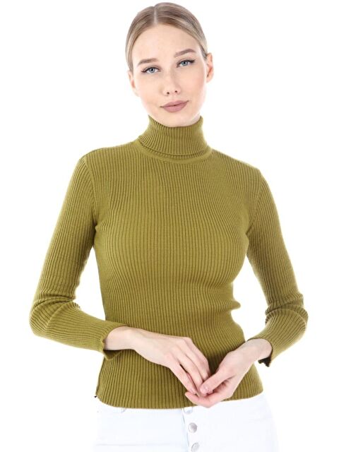 Hazelin Kadın Kına Yeşili Boğazlı Fitilli Triko Kazak HZL22W-H100011 - S000045078-17346