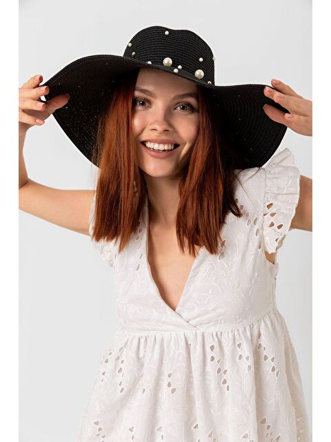 Luminos Butik Siyah Incili Geniş Hasır Şapka Kutulu Gönderim Hsr2069 - S000204239-19351