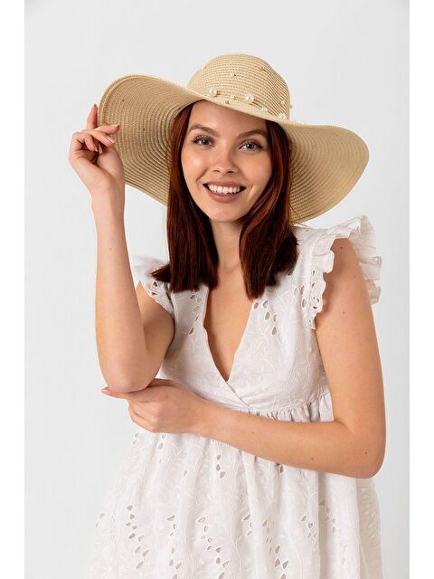 Luminos Butik Bej Incili Geniş Hasır Şapka Kutulu Gönderim Hsr2069 - S000204239-19928