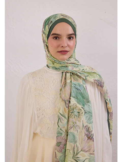 Fresh Scarfs Koyu Yeşil Vıntage Garden Desen Rami Şal