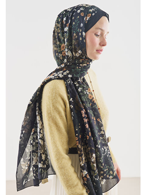 Fresh Scarfs Siyah Avrıl Desenli Pamuk Viskon Şal