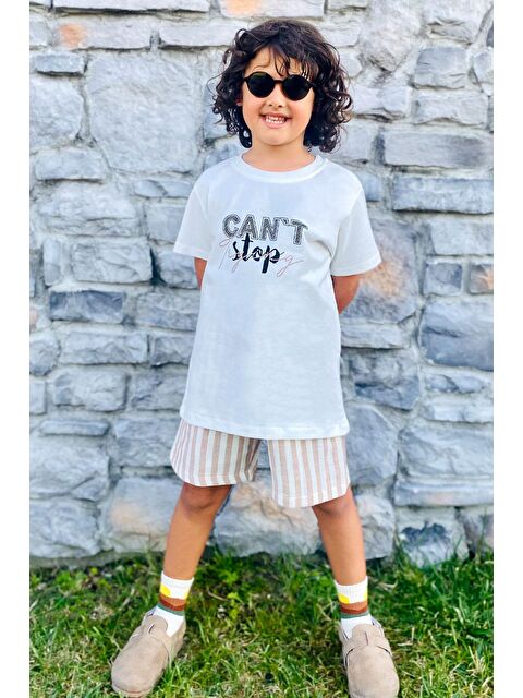 Breeze Erkek Çocuk Şortlu Takım Yazı Baskılı Bağcık Aksesuarlı Ekru (4 Yaş) - S000401057-19965