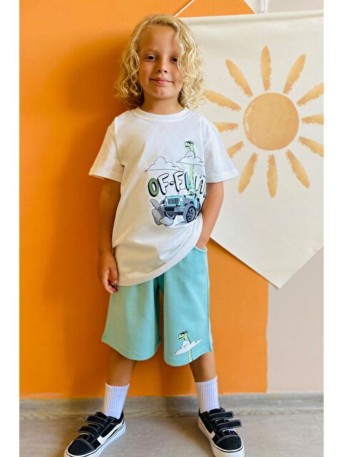 Breeze Erkek Çocuk Şortlu Takım Maceracı Dinozor Baskılı Beyaz (2-6 Yaş) - S000392890-20063