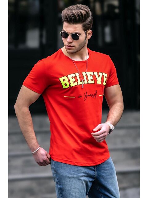 Madmext Neon Nakış Baskılı Kırmızı Erkek %100 Pamuk Tişört 4540 - S000017347-20045