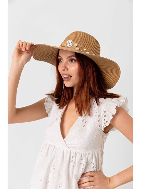 Luminos Butik Kadın Camel Kurdeleli İncili Hasır Şapka HSR2071 Kutulu Gönderim