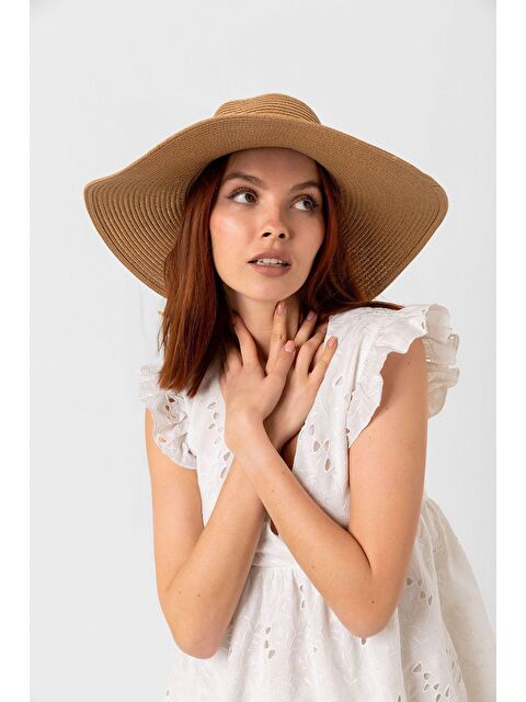 Luminos Butik Kadın Camel Kurdeleli İncili Hasır Şapka HSR2071 Kutulu Gönderim