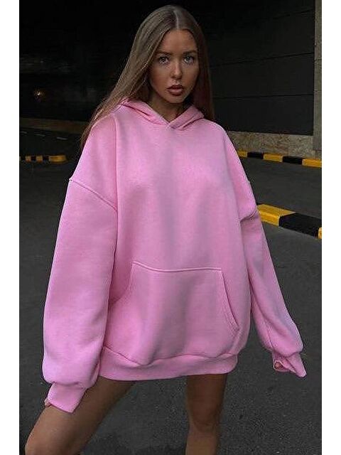Madmext Pembe Kapüşonlu Şardonlu Oversize Sweatshirt Mg1566 - S000046973-20024