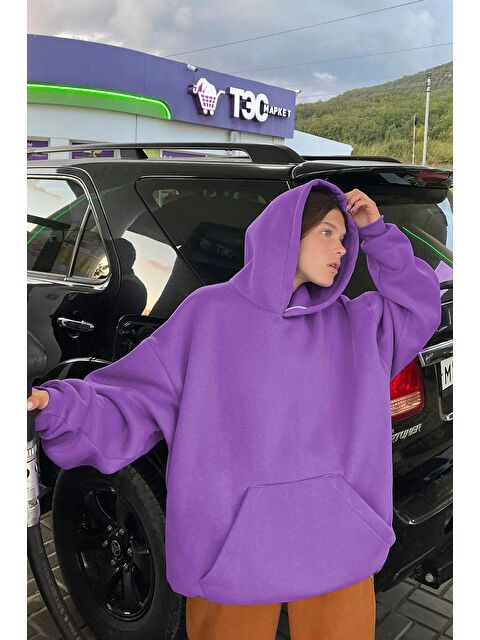 Madmext Mor Kapüşonlu Oversize Şardonlu  Sweatshirt MG1566 - S000046973-20042