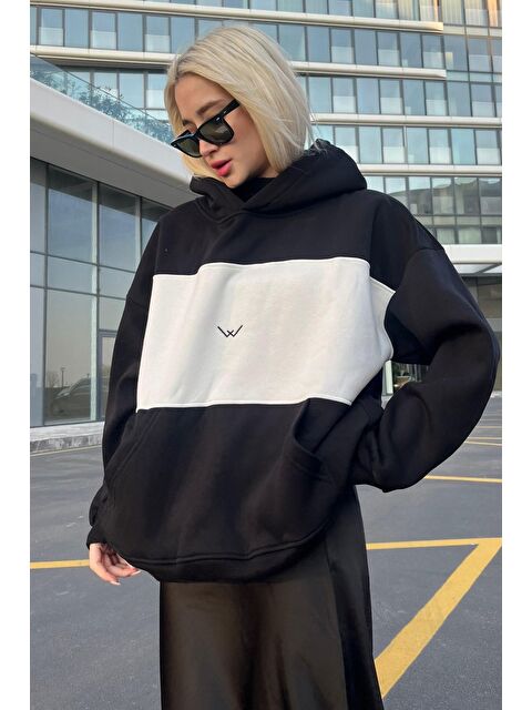 Madmext Siyah Renk Bloklu Şardonlu Sweatshirt MG1544 - S000030600-19351