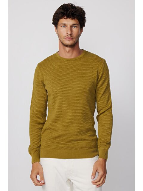 TUDORS Erkek Standart Fit Normal Kesim Bisiklet Yaka Petek Desenli Yeşil Triko Kazak