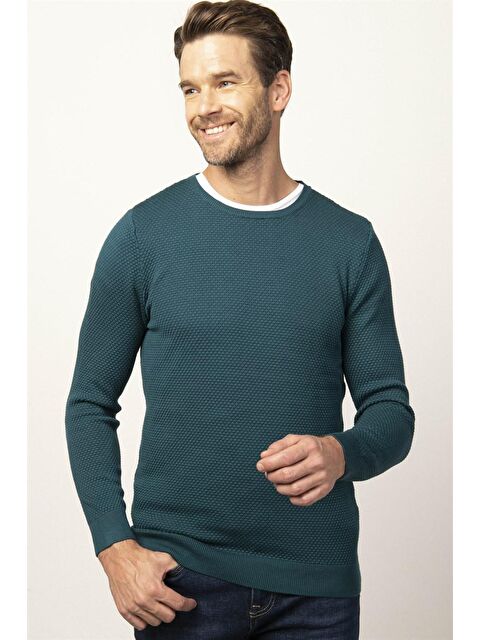 TUDORS Erkek Standart Fit Normal Kesim Bisiklet Yaka Petek Desenli Yeşil Triko Kazak