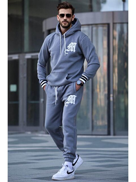 Madmext Boyalı Gri Baskılı kapüşonlu Eşofman Takımı 5909 - S000031630-22875