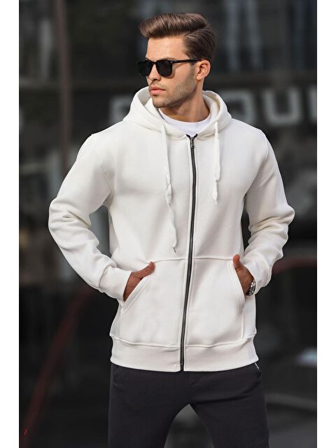 Madmext Ekru Kapüşonlu Regular Fit  Erkek Fermuarlı Sweatshirt 6140 - S000055010-19965