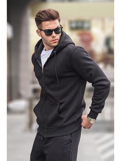 Madmext Siyah Kapüşonlu Regular Fit  Erkek Fermuarlı Sweatshirt 6033 - S000055011-19351