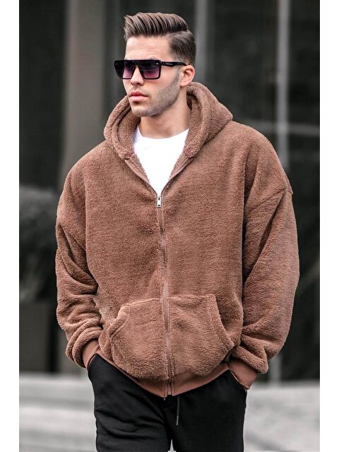 Madmext Kahverengi  Pelüş Over Fit Kapüşonlu  Erkek Fermuarlı Sweatshirt 6049 - S000055012-19413