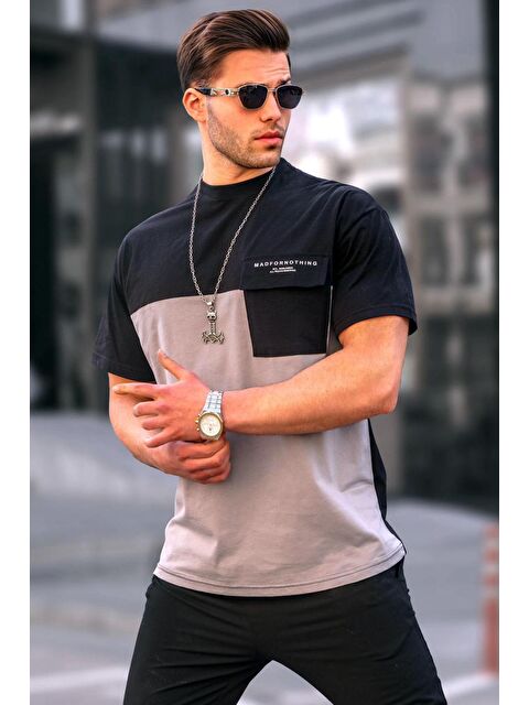 Madmext Siyah Renk Bloklu Overfit Erkek %100 Pamuk Tişört 6088 - S000015955-19351