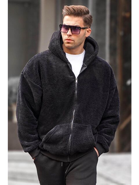 Madmext Siyah Pelüş Over Fit Kapüşonlu  Erkek Fermuarlı Sweatshirt 6049 - S000055012-19351