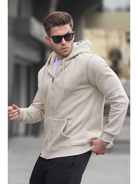 Madmext Bej Kapüşonlu Regular Fit  Erkek Fermuarlı Sweatshirt 6033 - S000055011-19928