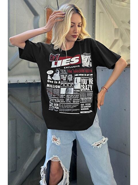 Madmext Siyah Arka Baskılı Over Fit Kadın Tişört Mg1506
