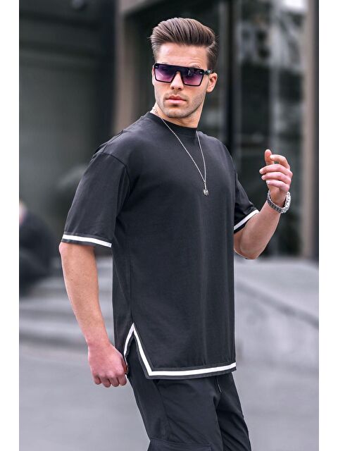 Madmext Siyah Bisiklet Yaka Şeritli %100 Pamuk Tişört 6097 - S000015956-19351