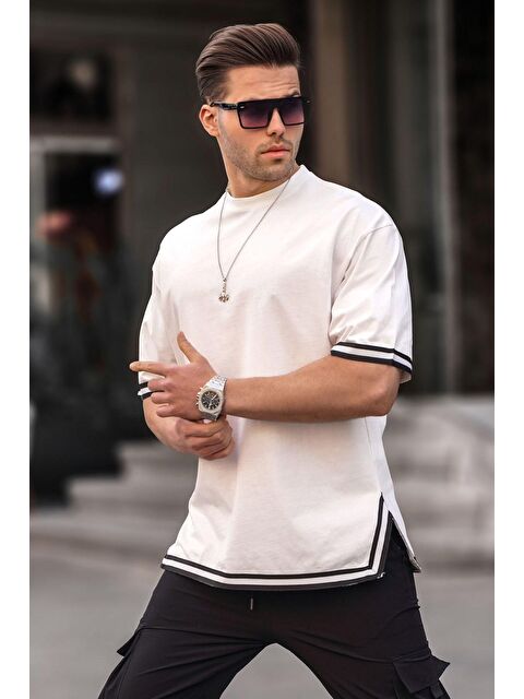 Madmext Ekru Bisiklet Yaka Şeritli %100 Pamuk Tişört 6097 - S000015956-19965