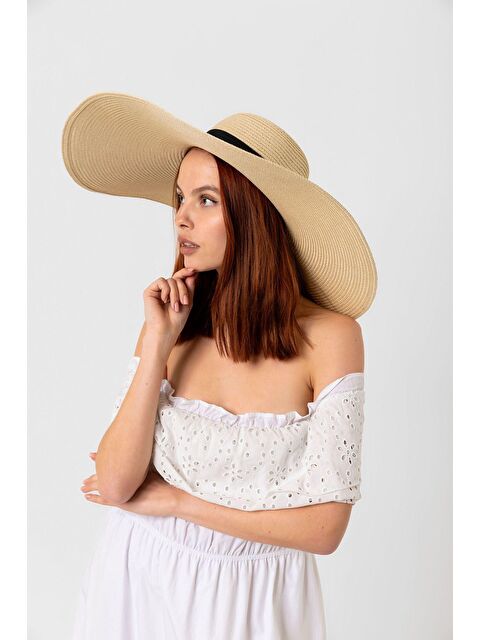 Luminos Butik Bej Kurdelalı Ekstra Geniş Hasır Şapka Hsr2039 Kutulu Gönderim