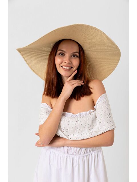 Luminos Butik Bej Kurdelalı Ekstra Geniş Hasır Şapka Hsr2039 Kutulu Gönderim