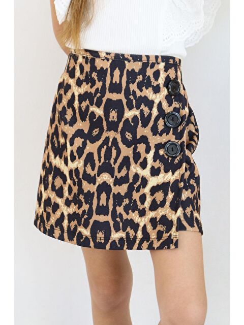 Breeze Kız Çocuk Şort Etek Leopar Desenli Düğme Aksesuarlı Kahverengi (6-12 Yaş) - S000365618-19413