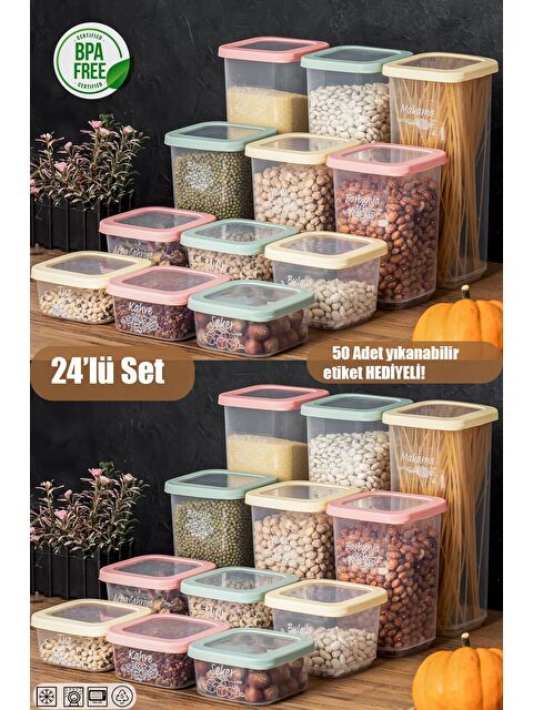 Porsima 1036 Rainbow 24'lü Etiketli Renkli Kapaklı Gıda Kavanoz Saklama Kabı Seti Erzak Kabı Organizer - S000295912-26865