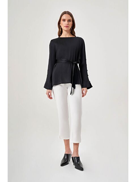 Mizalle Kolu Detaylı Uzun Siyah Bluz - S000049779-19351